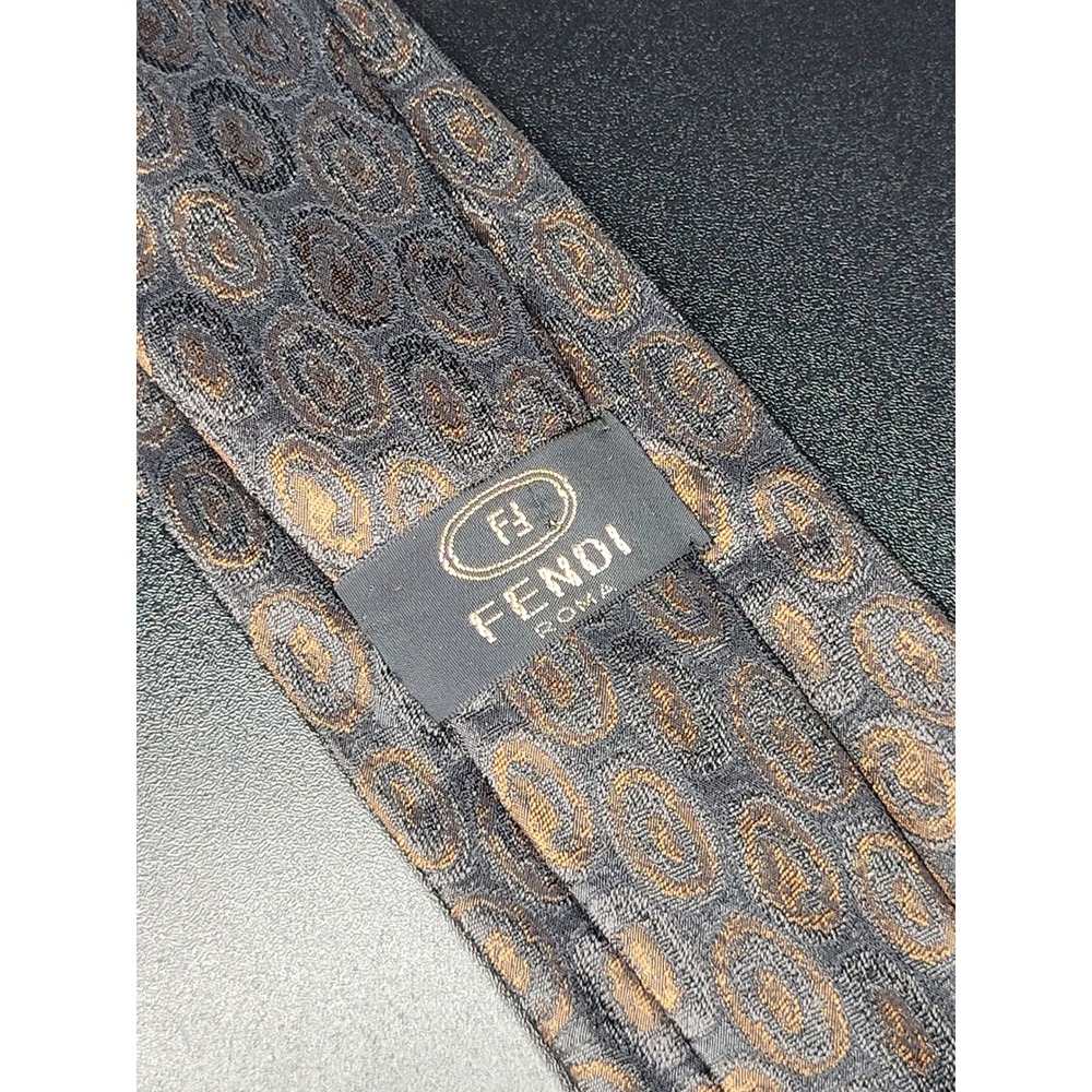 Vintage Fendi Roma Silk Tie Grey Bronze Oval Logo Pattern Made Italy 3.75